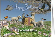 Labrador puppies Birds and Butterflies Birthday Boss card