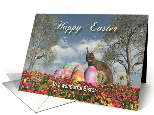Happy Easter bunny eggs and flowers to Sister card (1356732)
