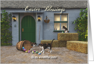 Whimsical Fantasy Cats Stealing Easter Eggs for Sister card
