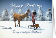 Husband Fantasy girl decorates a reindeer with Christmas balls card