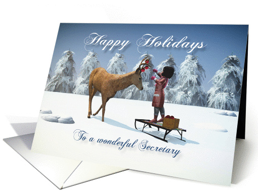 Secretary Fantasy girl decorates a reindeer with Christmas balls card