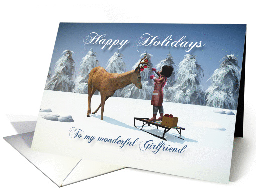 Girlfriend Fantasy girl decorates reindeer with Christmas balls card