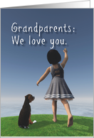 Grandparents Fantasy Girl with dog writing in the sky Valentine card