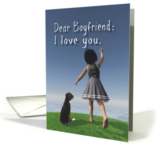 Boyfriend Fantasy Girl with dog writing in the sky Valentine card