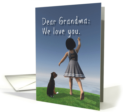 Grandma Fantasy Girl with dog writing in the sky Valentine card