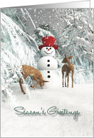 Fantasy Snowman with fawns in the woods card