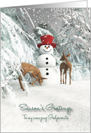 Godparents Fantasy Snowman with fawns in the woods card