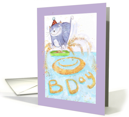 Cat kicking up kitty litter creating a fun birthday message. card
