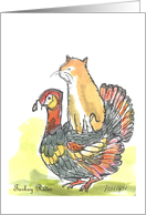 Thanksgiving Turkey Rides, Cat Sitting on Turkey’s Back card
