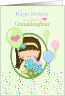 Granddaughter Birthday Girl with Cupcake and Balloons Green and Blue card
