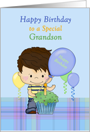 Grandson Special Happy Birthday Boy with Cupcake and Balloons card