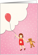 Happy Birthday - A girl, a bear and a pink balloon card
