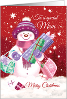 Merry Christmas Mom, Snow woman Shopping. card
