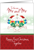 First Christmas Mr and Mr. Cute Polar Bears Ice Skating Together. card
