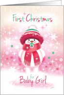 First Christmas Baby Girl - Cute Snow Baby sucking Pacifier. card