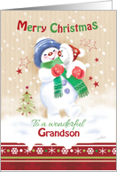 Christmas for Grandson. Cute Snow Child Hugging his Snow Puppy. card