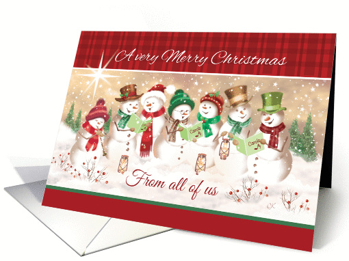 Merry Christmas From all of us. Seven Snowmen Carol Singing. card