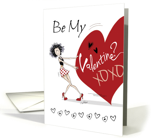 Be my Valentine? - Funny Girl Pulling a Big Red Heart card (1208080)