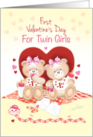 Twin Girls First Valentine’s Day -2 Cute Teddies Sit Against Red Heart card