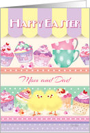 Mom and Dad, Happy Easter - Cupcakes on Shelves with 2 Chicks card