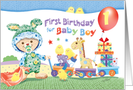 1st Birthday, Baby Boy - Woolly Bunny, Toy Train & Presents card