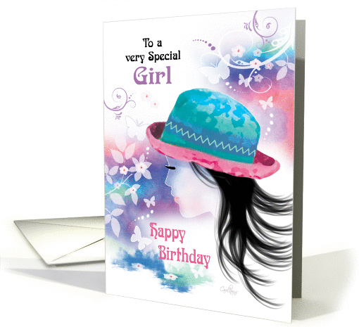 Teenage Girl, Birthday- Girl in Hat with Decorative Design card