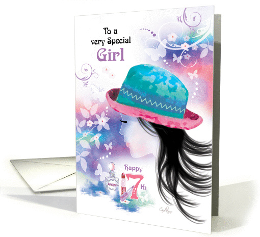 Special Girl, 17th Birthday - Girl in Hat with Decorative Design card