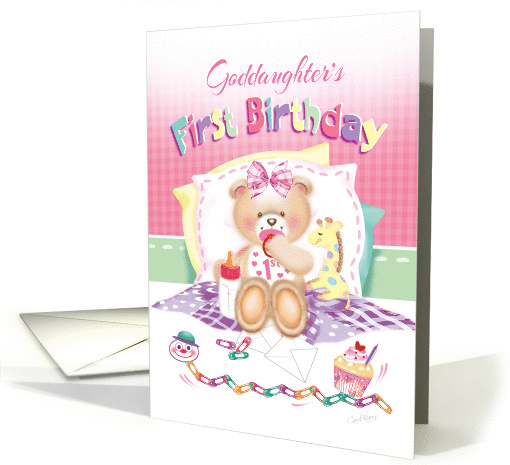 Goddaughter's 1st Birthday - Girl Teddy, Pillows Giraffe card