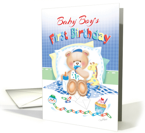 Baby Boy's 1st Birthday - Boy Teddy, Pillows Giraffe card (1278948)