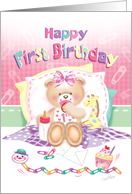 First Birthday, Girl - Teddy with Pacifier and Giraffe card