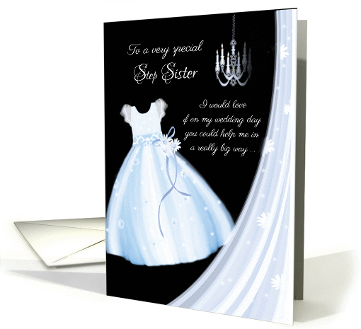 Flower Girl Request, Step Sister - Blue Dress, chandelier & Veil card