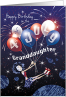 Granddaughter, July 4th Birthday - Girl Floats in Space with Balloons card