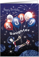 Daughter, July 4th Birthday - Girl Floats in Space with Balloons card