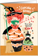 Halloween, Girl - Cute Little Cupcake Witch with Cupcake Cat card