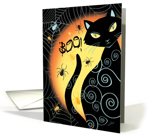 Halloween, Boo - Black Cat by Moon with Spiders and Cobwebs card