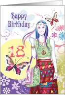 18th Birthday - Hippy Teenage Girl with Flowers and Butterflies card