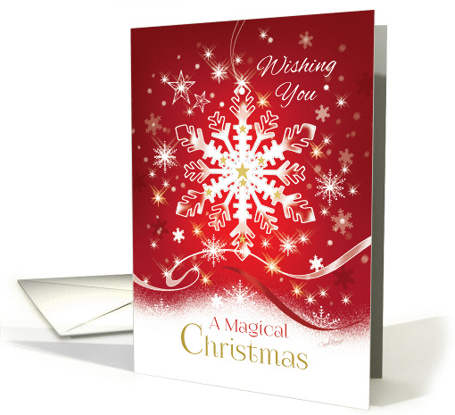 Magical Christmas, Stylish White Snowflake, with Snow, on Red card
