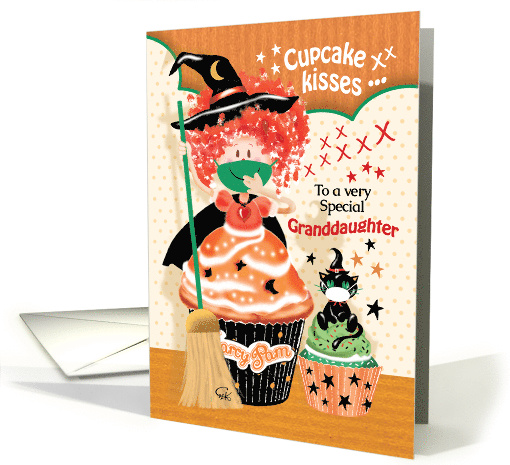 Halloween, Granddaughter - Cute Cupcake Witch with Black Cat card