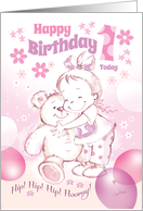 1st Birthday, Baby Girl - Cute Baby Girl Cuddles Her Teddy card