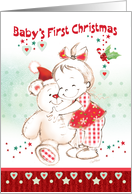First Christmas, Girl - Cute Baby Girl Cuddles Her Teddy card