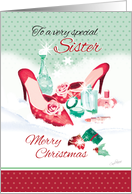 Christmas, Sister - Red Ladies Shoes with Perfume & Present in Snow card