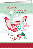 December, Birthday, Niece - Red Ladies Shoes with Perfume in Snow card