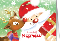 Nephew, Christmas- Cute Reindeer & Santa with Present card