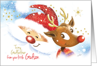 To Godfather, from Godson, at Christmas - Cute Reindeer & Santa card