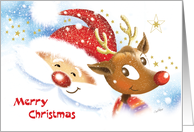 Merry Christmas - Cute Reindeer & Santa Smiling at Each Other card