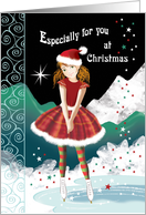 Young Girl on Skates in Magical Snow Scene at Christmas card