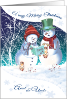 Christmas, to Aunt & Uncle. Carol Singing Snowman & woman card