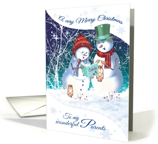 Christmas, for Parents. Carol Singing Snowman & woman card (1338352)