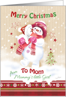 Christmas, Mom. Cute Snow Girl Hugs her Snow Puppy card