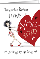 Lesbian, Valentine for Life Partner- Funny Girl Pulling Big Red Heart card
